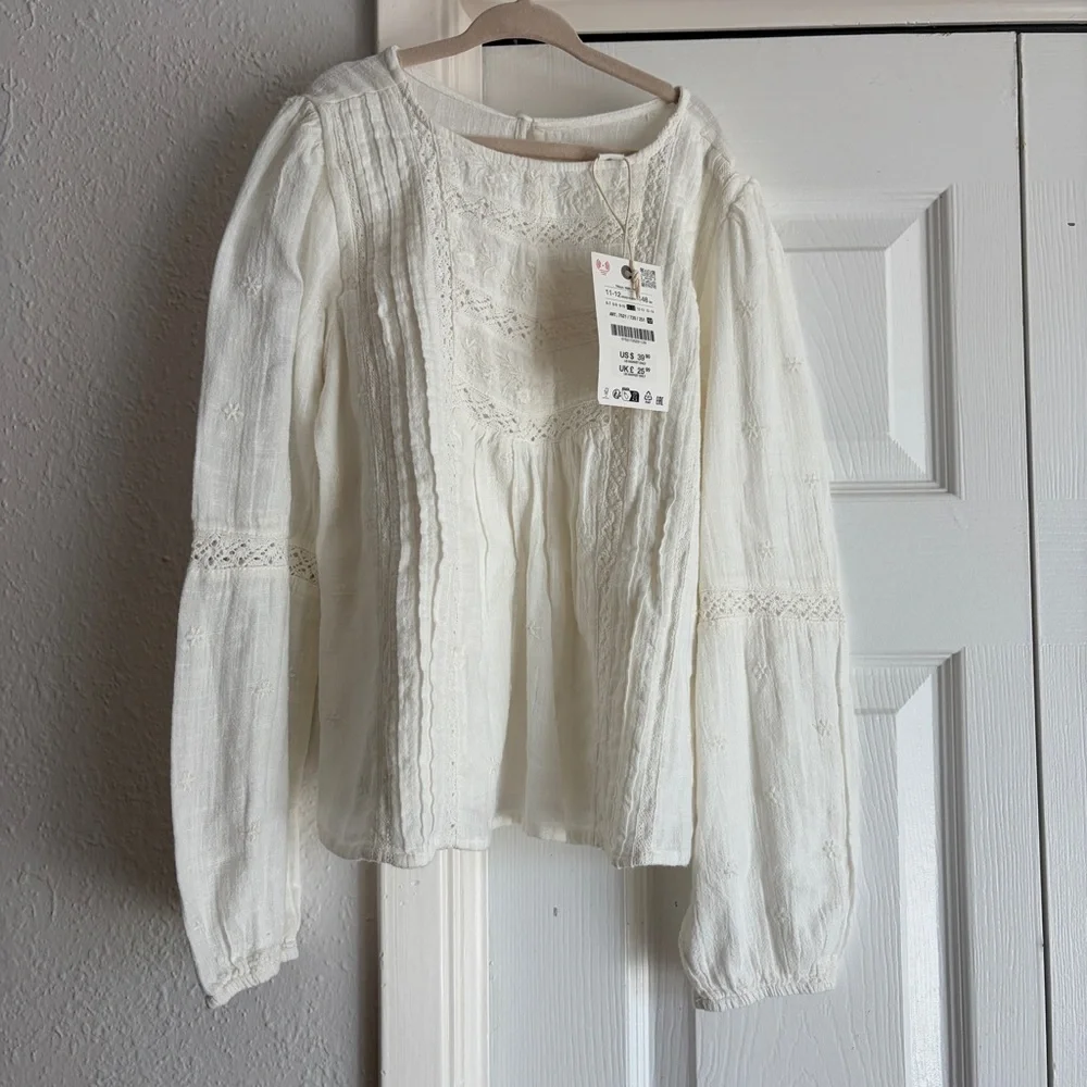 Zara Girls 11-12Y Embroidered Lace-Trim White Peasant Blouse